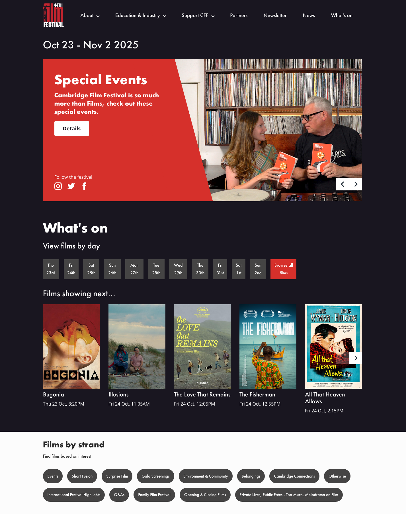 Banner says special events and there's a picture of Mark Kermode holding a book. Then the what's on section where you can view films by day. Then there are thumbnails of the films showing next.