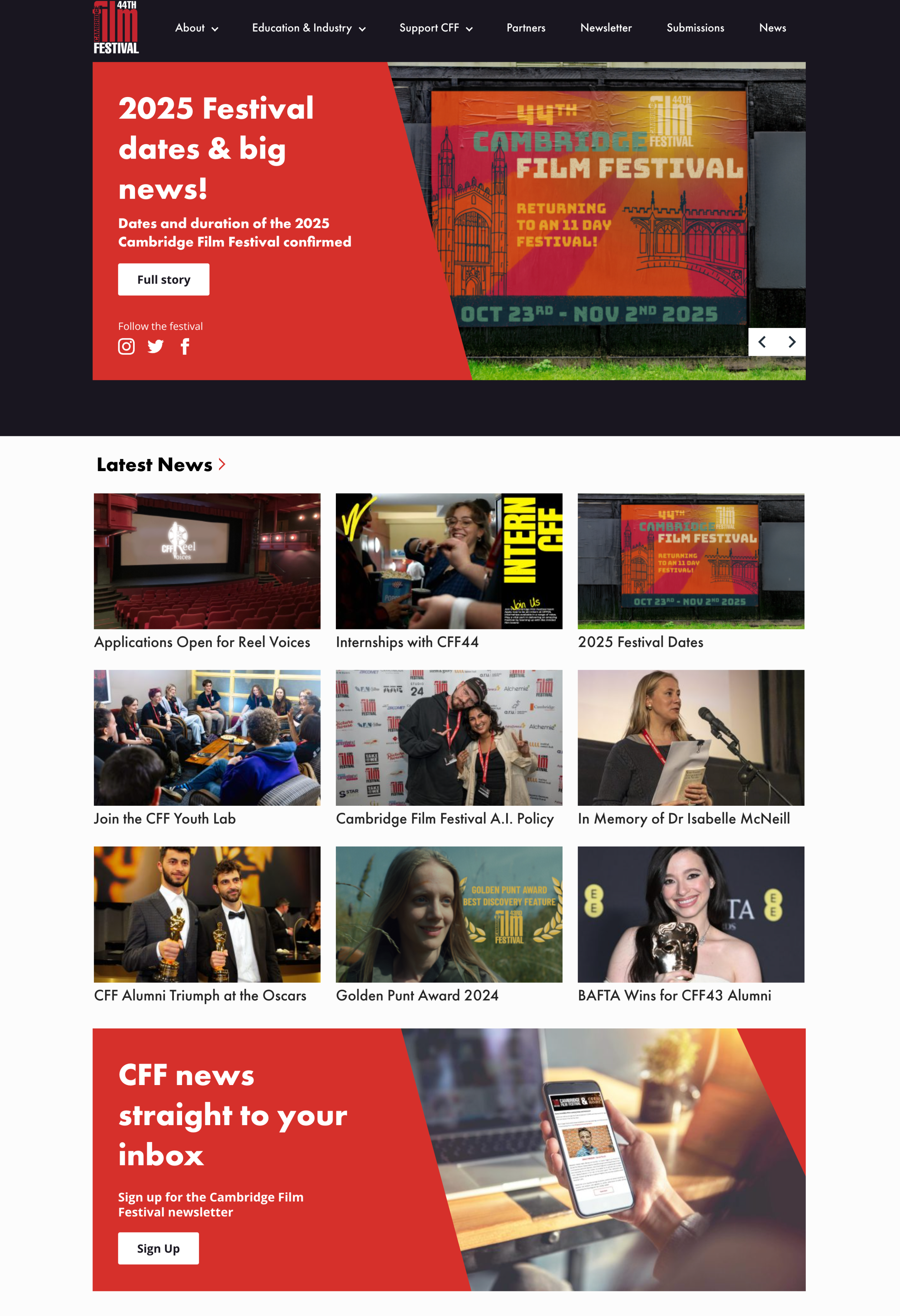 Banner says 2025 festival dates and big news! Then there is a latest news section, followed by a CFF straight to your inbox newsletter sign up.