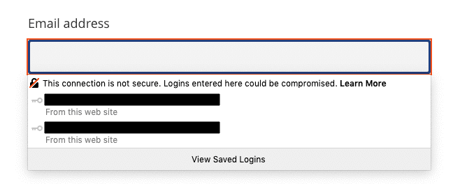 An example of a security warning that Firefox displays when trying to submit an insecure form (via HTTP).