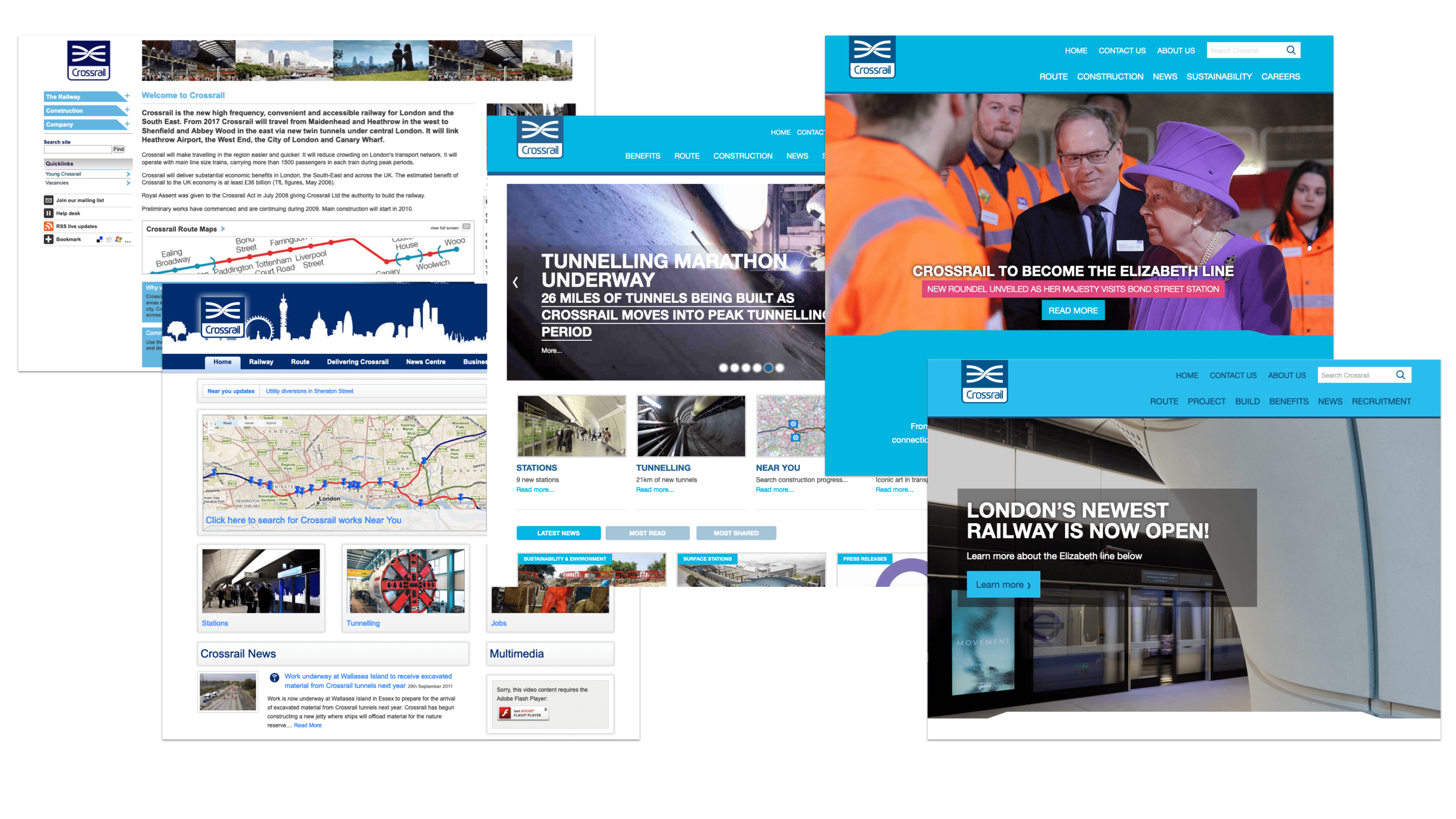 Montage of 5 Crossrail homepage screens from 2009 to 2022