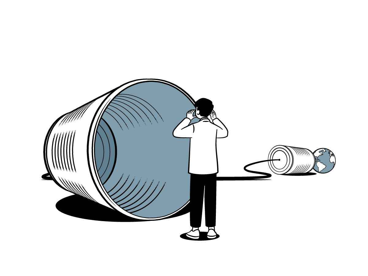 Illustration of two tin cans connected via a string. A person is shouting into one tin can, which is as large as the person, and at the other end is the planet Earth.