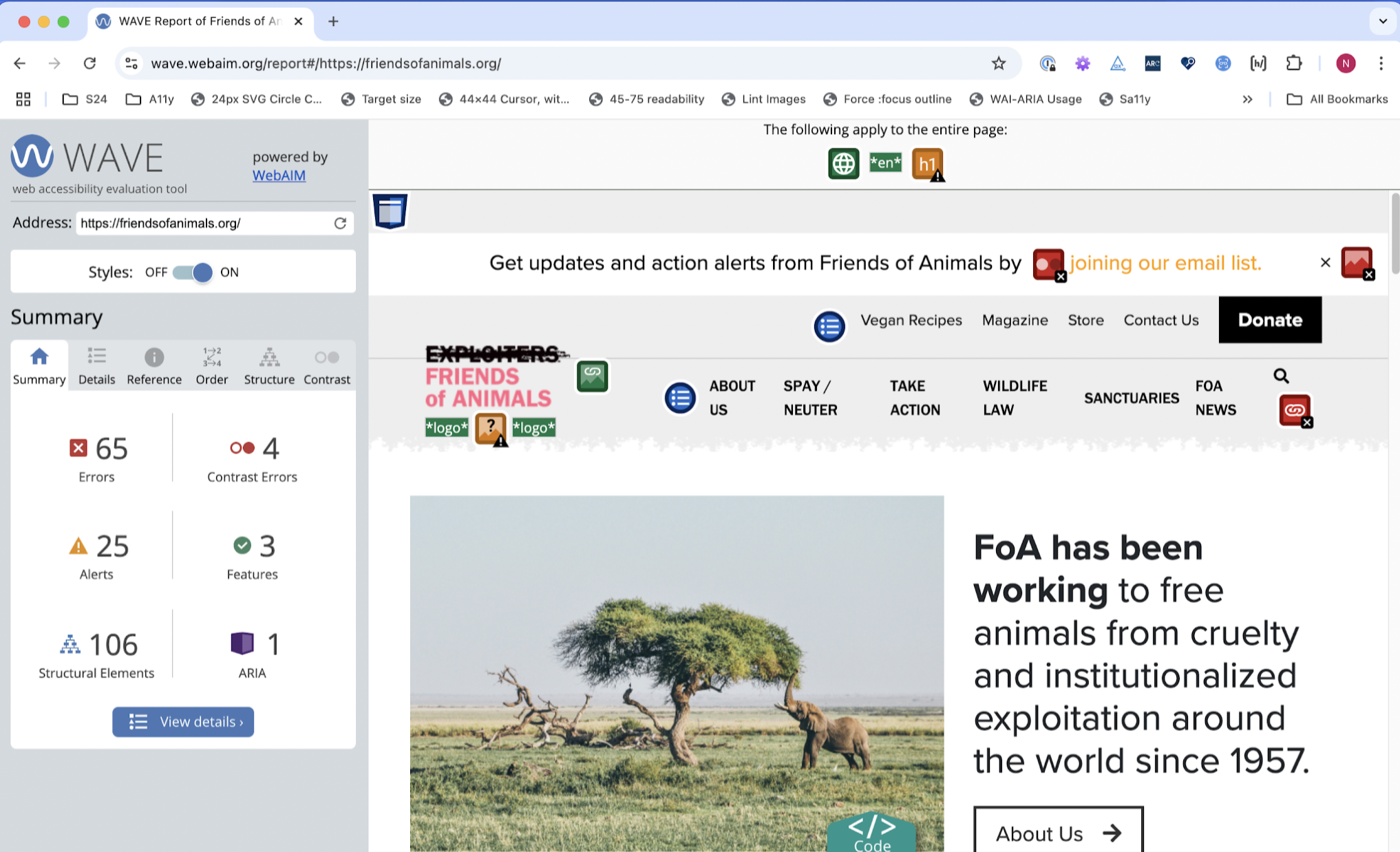 Homepage of Friends of Animals with the WAVE tool summary tab open