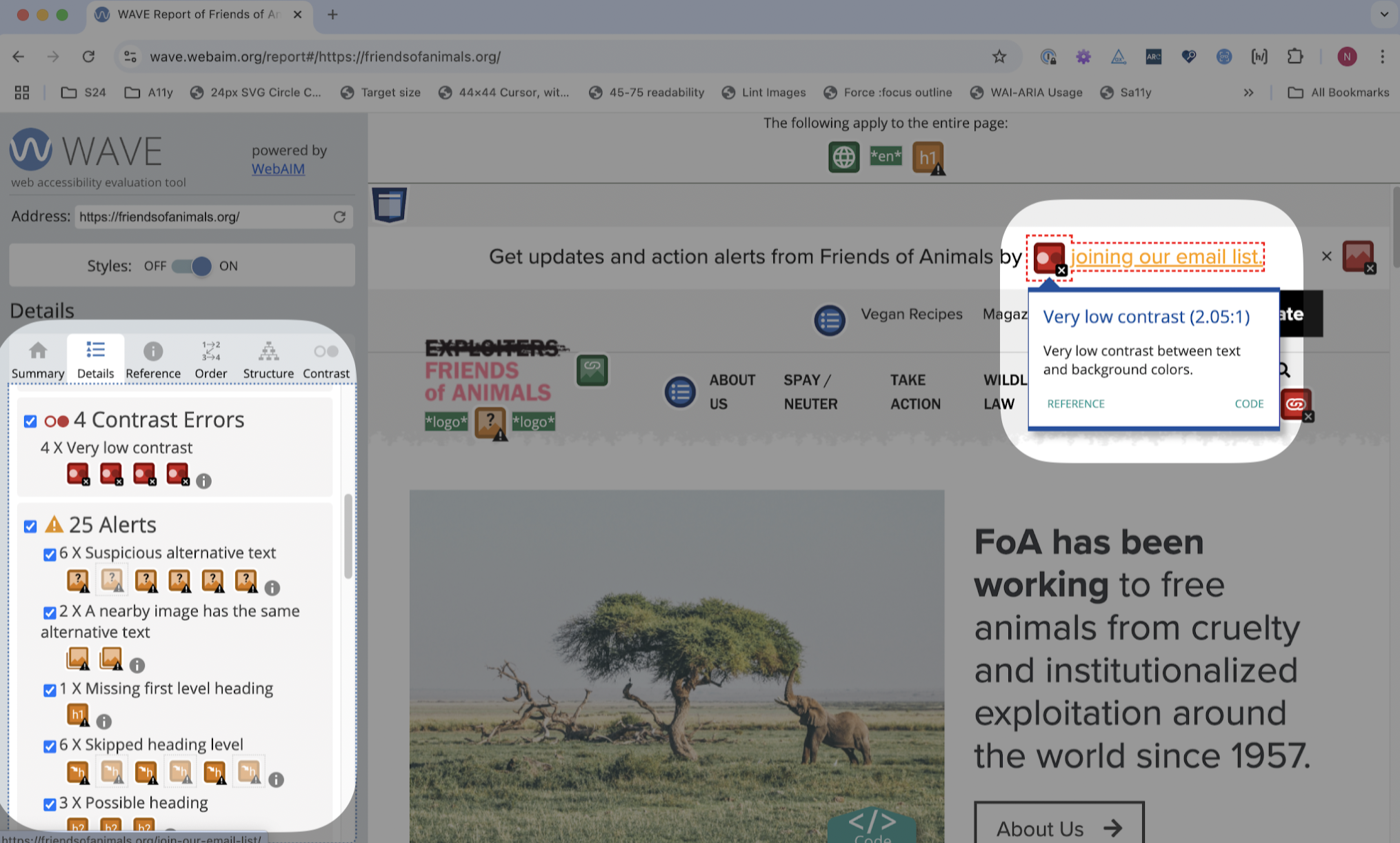 Friends of Animals homepage with WAVE tool details tab open and an area of very low contrast highlighted