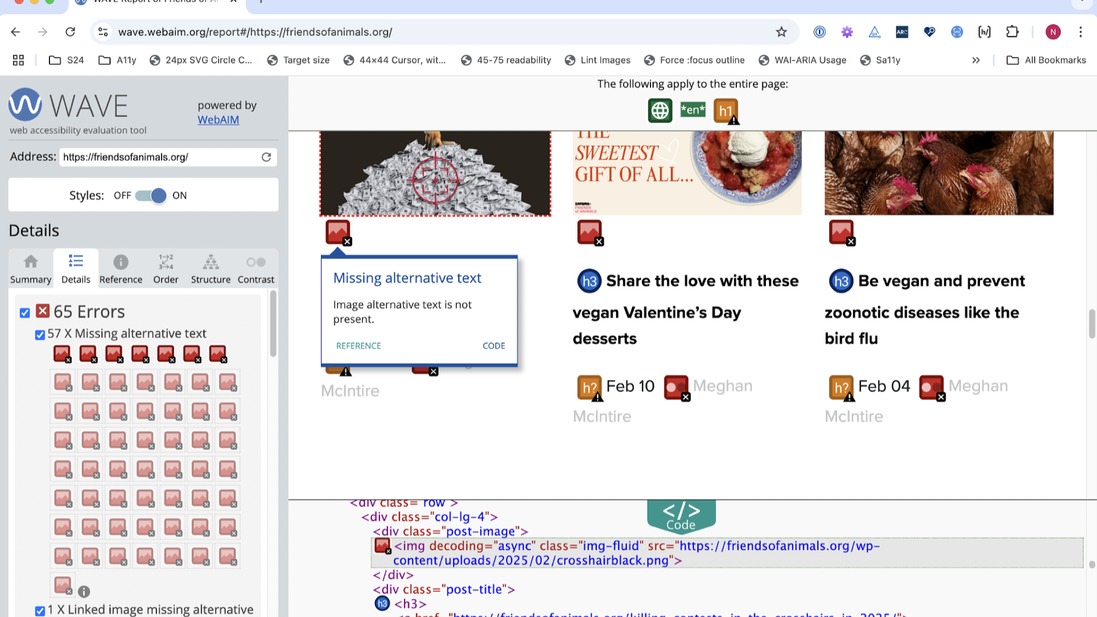Friends of Animals web page with the WAVE tool panel on the left showing 65 errors and a highlight box on the page saying missing alternative text: image alternative text is not present. 