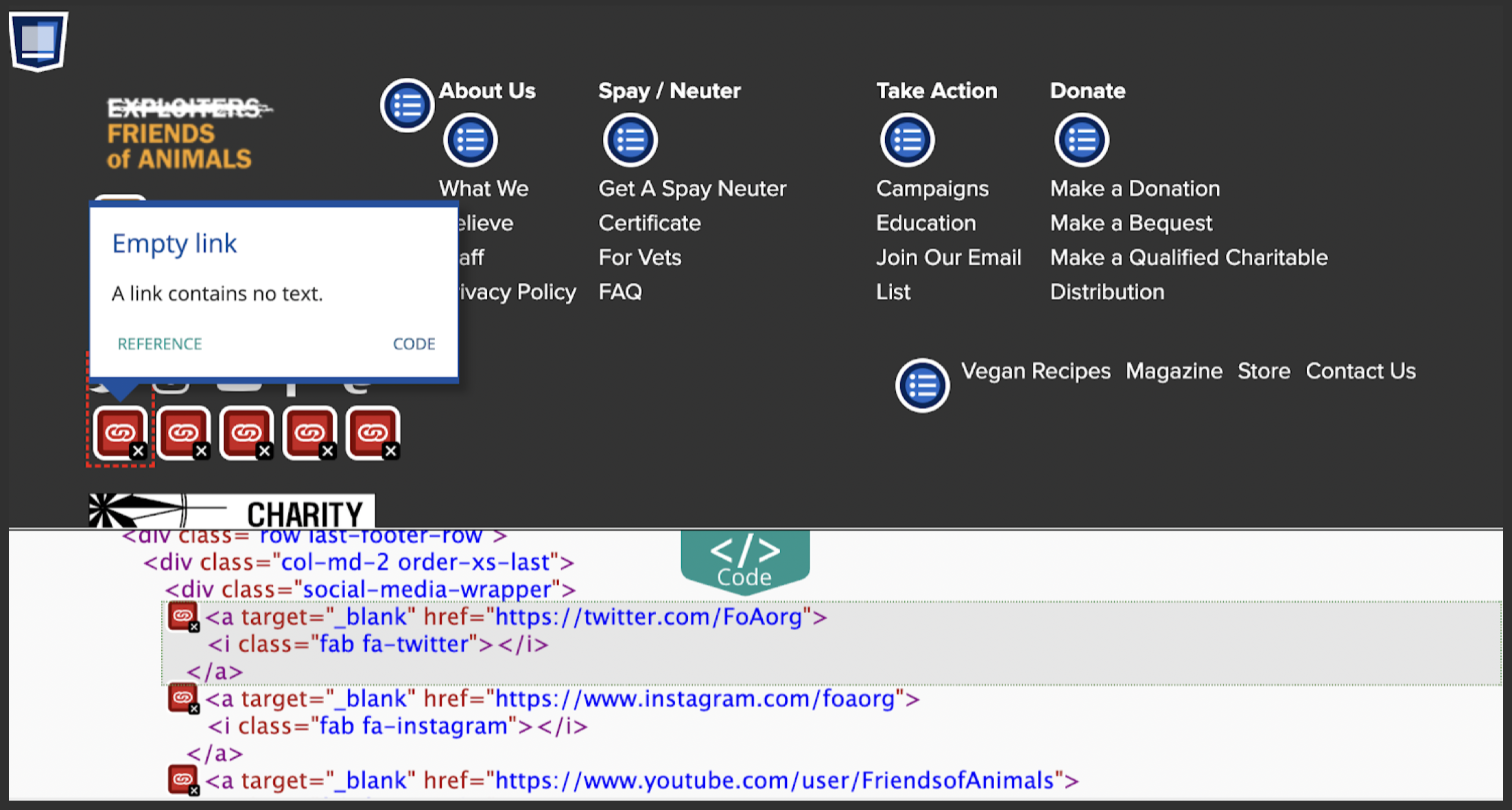 Web page footer, showing a highlight box from the WAVE tool that says Empty link: a link contains no text. HTML code is showing at the bottom of the page.