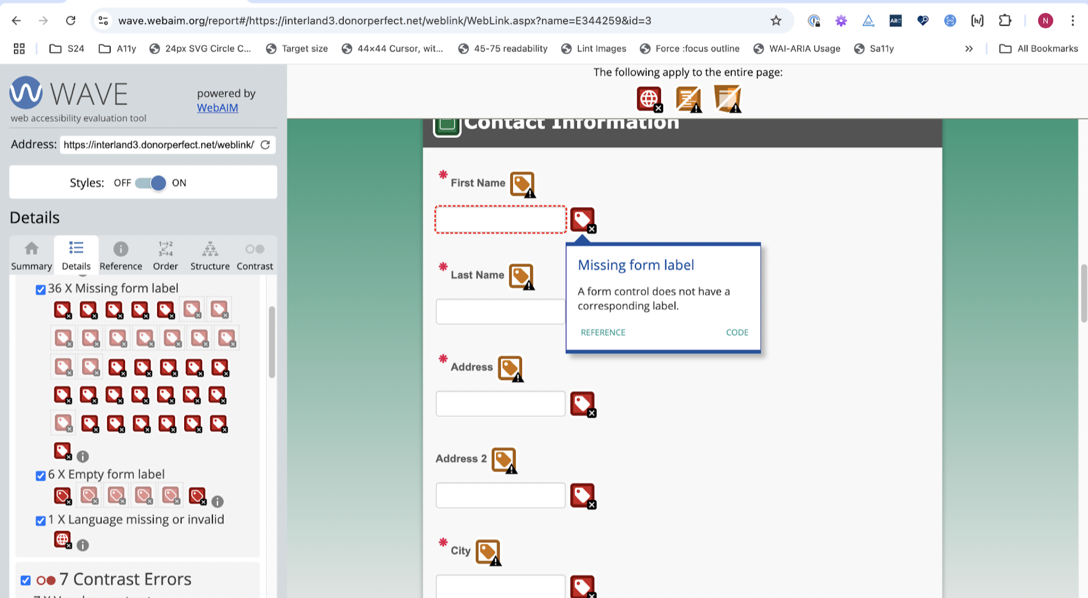 A website contact information form has 36 missing form labels identified by the WAVE tool. A highlight box on the web page says Missing form label: a form control does not have a corresponding label. 