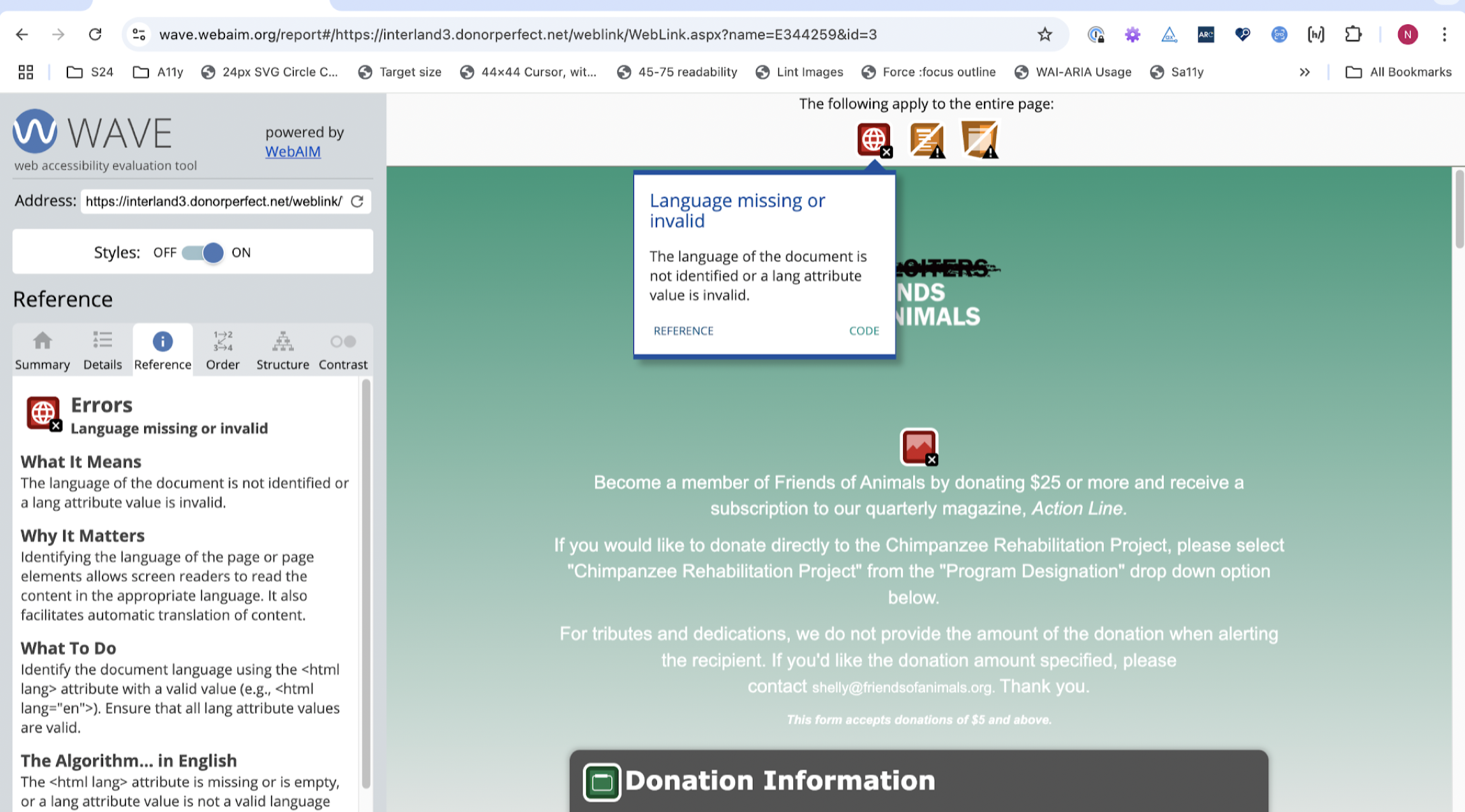 The WAVE tool panel explains that there is an error: language missing or invalid, what the error means, why it matters, and what to do.