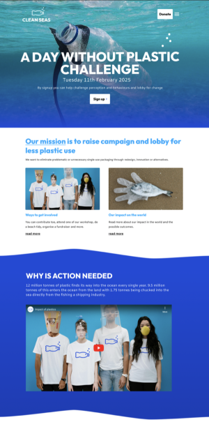 A mocked-up website homepage for a fictional environmental charity called Clean Seas. It has 3 sections: hero image and navigation, links to further content, and an embedded video.