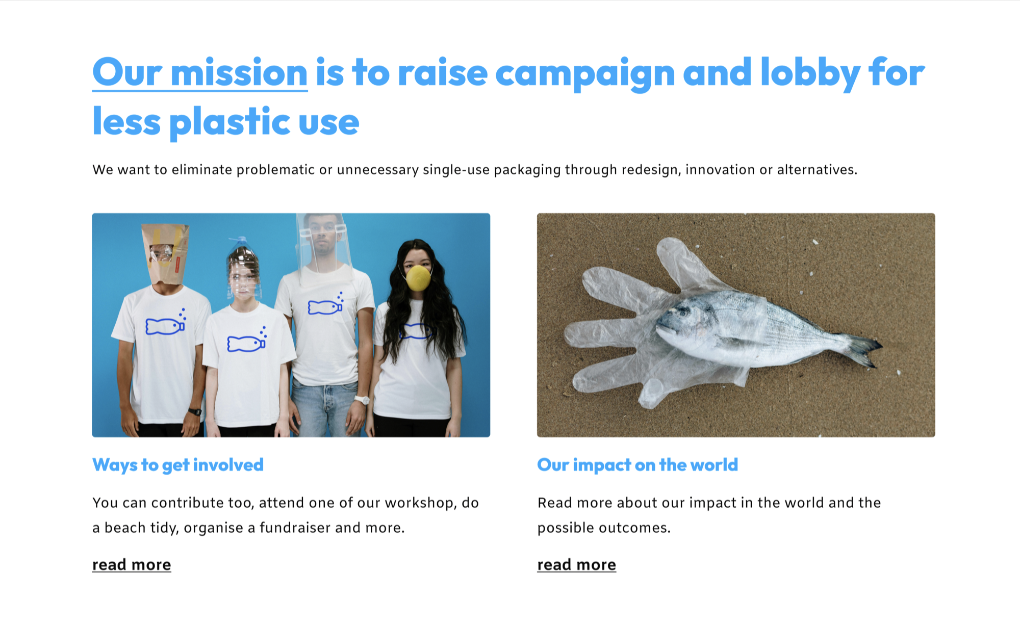 Middle section of the homepage, with a light blue introductory heading, followed by two columns of content. Each column contains an image followed by a light blue subheading, a short sentence and a 