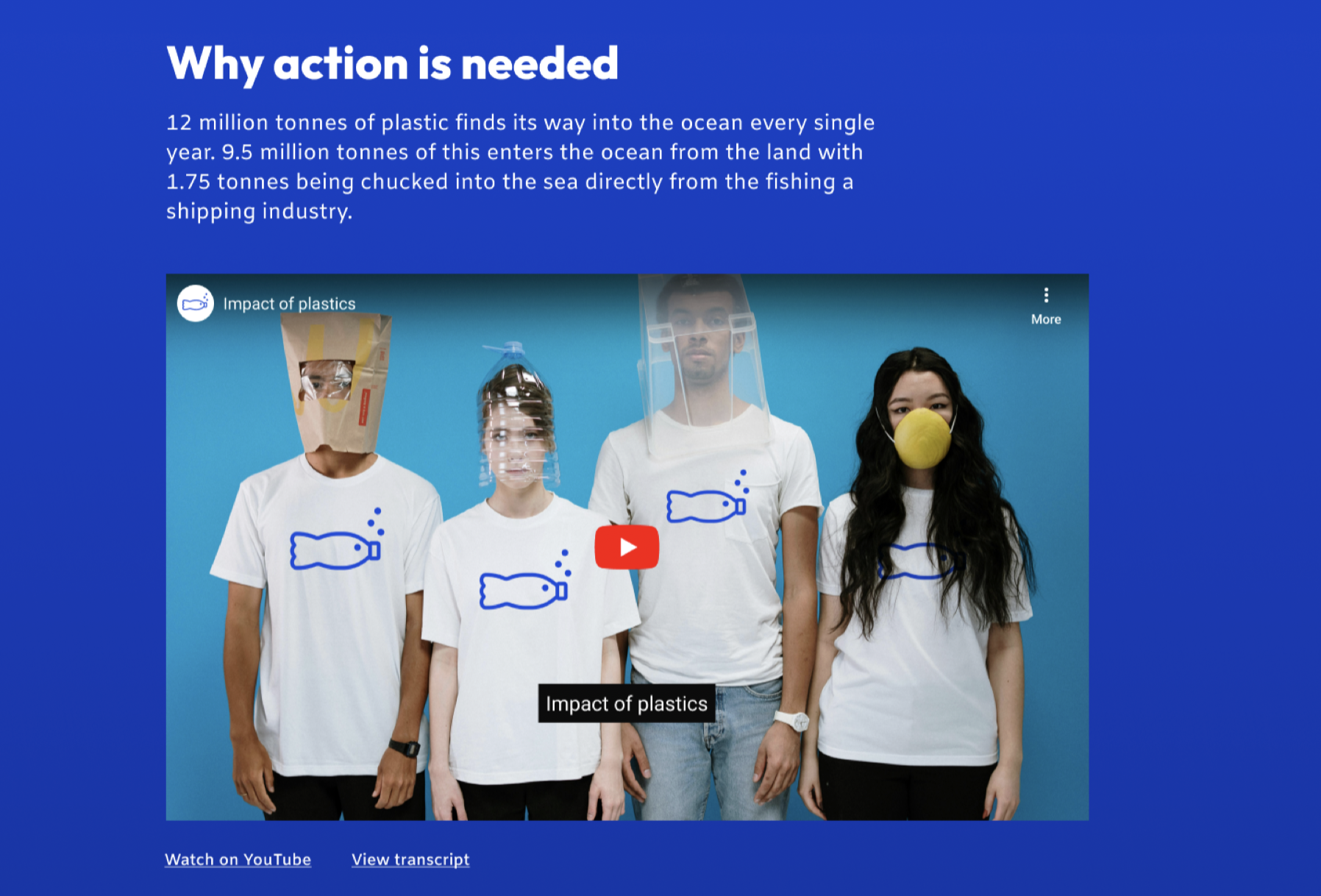 Adjusted video section with sentence case text used for the heading. The YouTube video has caption text and is followed by a link to a transcript.