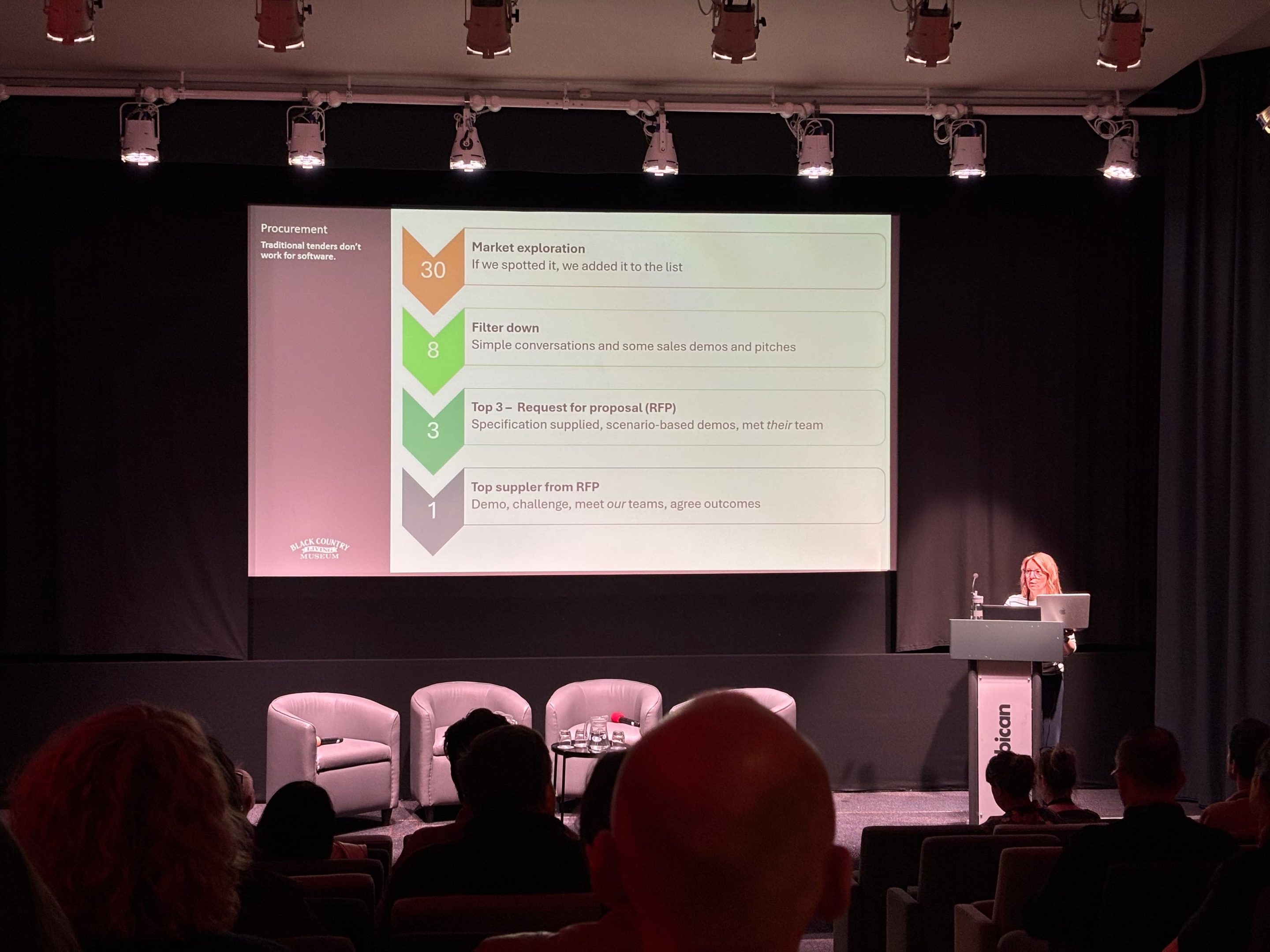 In a dark auditorium, with heavy black curtains around a small stage, a woman stands at a lectern. The slide behind her has coloured arrows show the flow through a procurement process.