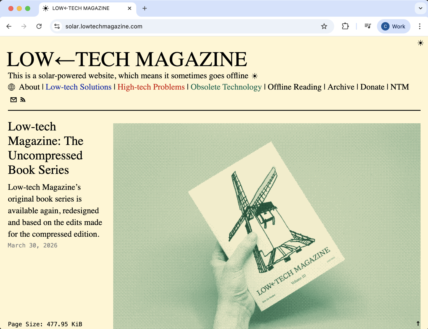 The web page for low tech magazine has a pale yellow background colour, with a photo of a hand holding a magazine in pale green. The text is black.